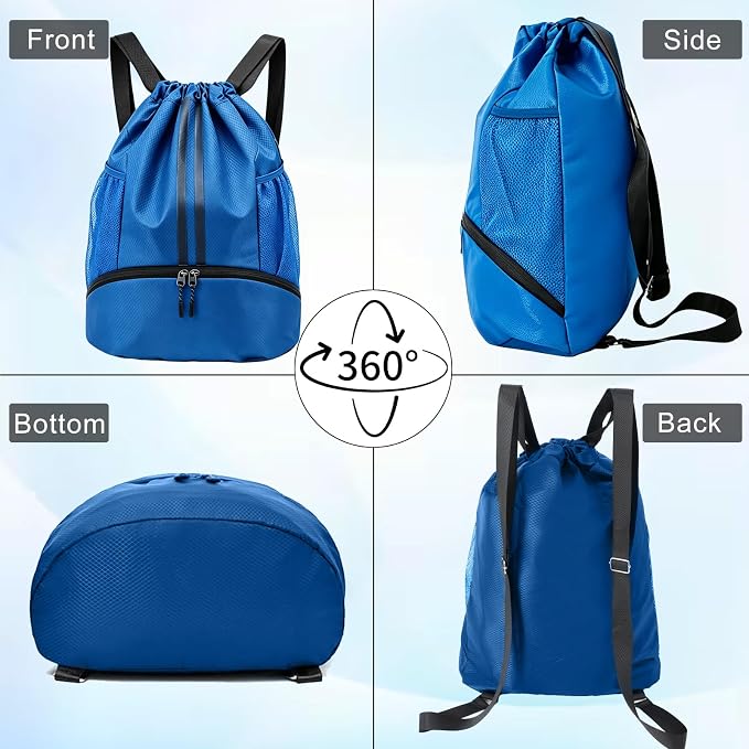 Blue Sports Drawstring Backpack with Shoes Compartment, String Gym Bag with Wet Proof Pocket for Basketball, Soccer, Swim, Sport Bag for Men and Women