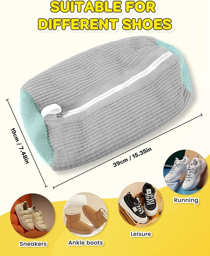 Shoe Washing Bag for Washing Machine, Shoe Laundry Bag For Washer And Dryer, Fluffy Fibers 360° Wrap-around Cleaning, Reusable Washer Shoe Bag For Sneaker Gym Shoes and All Shoe Types (Gray)