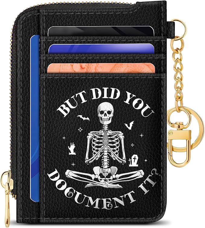 GIANCOMICS Slim Wallet Credit Card Holder Women, Funny Skeleton Skull Rfid Blocking Small Card Case, Keychain Thin Pocket Curved Zipper Wallet, Travel Card Holder PU Leather, Ladies Female Gifts