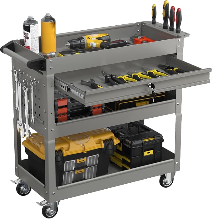 3 Tier Heavy Duty Rolling Tool Cart with Drawers, Large Storage Utility Cart on Wheels for Garage, Warehouse, Repair Shop (Gray)