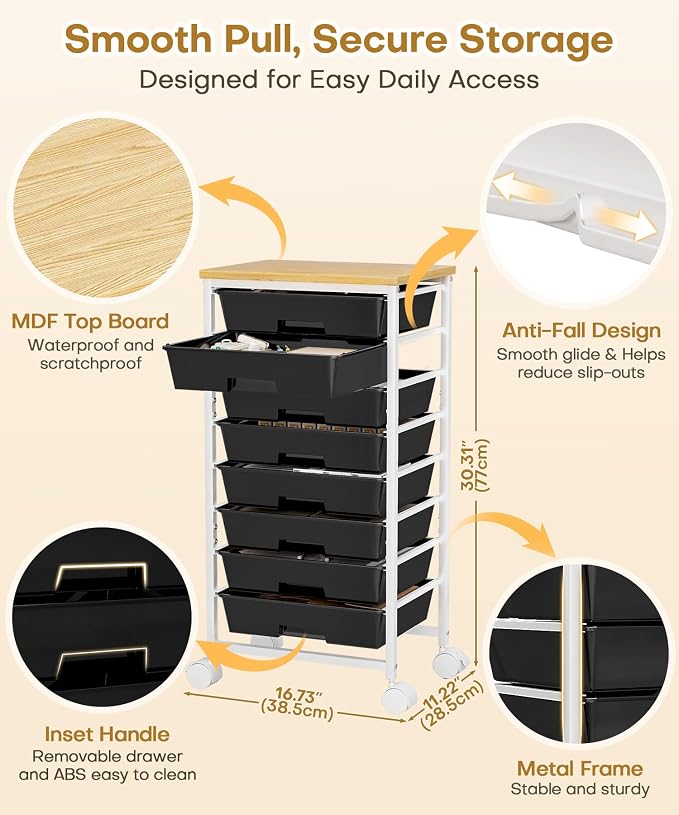 Homde Rolling Storage Drawer Cart: 8-Drawer Sort to Clear Desk & Dresser Clutter - Anti-Fall Smooth Glide Prevents Spill-Out During Daily Grab - Lockable Wheels Keep It Steady