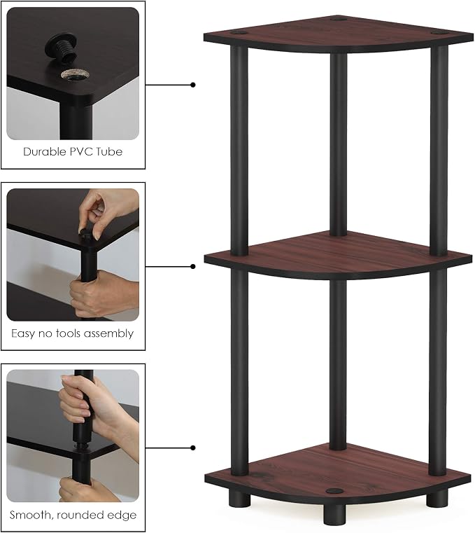 Furinno Turn-N-Tube Toolless Assembly 3-Tier Corner Shelf, Brown Corner Book Shelf, Open Shelves Bookshelf, for Organization and Storage, Living Room, Home Office, Bedroom, Cherry Oak