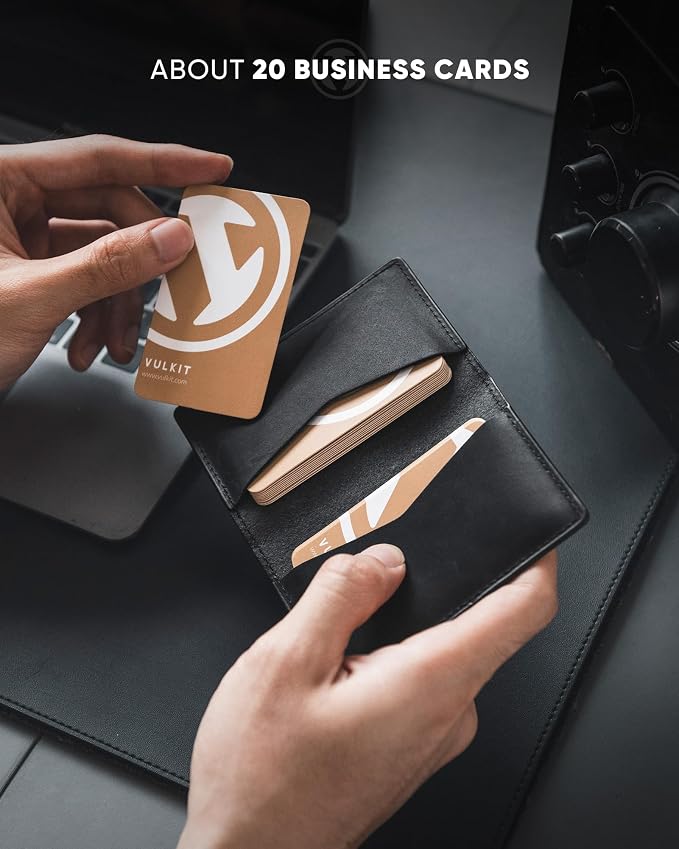 VULKIT Genuine Leather Business Card Holder 2 Sided Slim Business Name Card Organizer for Men or Women, up to Hold 20 cards (Genuine Black)
