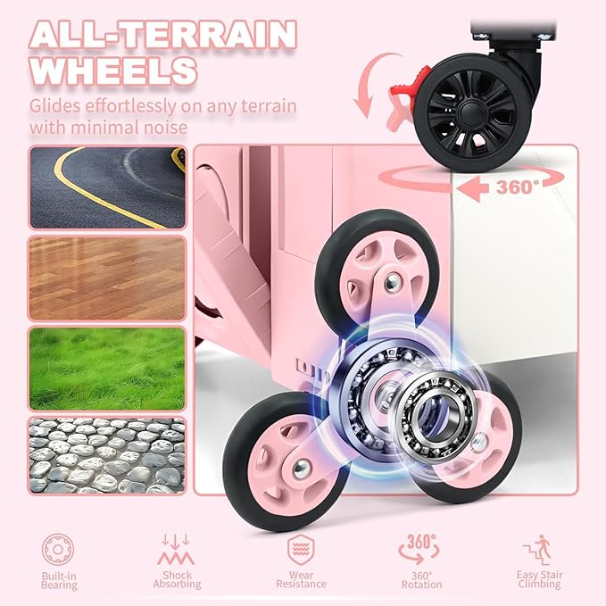FELICON Folding Climber Utility Cart Rolling Crate Tote on Rotate Wheels with Adjustable Handle Hidden Lid Cup Holder Storage Bin for Teacher Office File Move Shop Travel Laundry Grocery(Pink White)