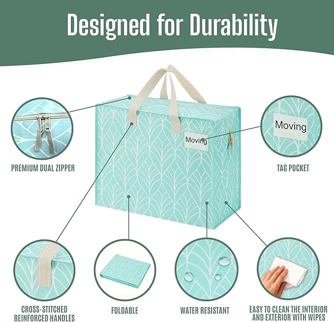 VENO 4 Pack Heavy Duty Moving Bags, Storage Bags, Packing Supplies, Top Zipper, Storage Totes for Camping, Clothes, Bedding, Comforters, Pillows (13 Gallon,Evergreen, 4 Pack)