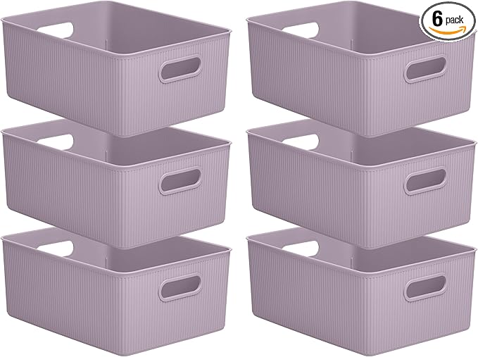 Superio Ribbed Collection - Decorative Plastic Basket Open Home Storage Bins Organizer, Large Lilac Purple (6 Pack) Container Boxes for Organizing Closet Storage Bins for Shelves 15 Liter/16 Quart