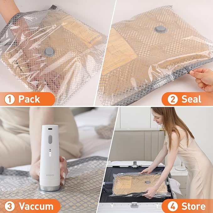 Vacuum Storage Bags for Travel with Rechargeable Cordless Pump, 20 Pack Compression Packing Bags for Luggage and Suitcase, Space Saver Seal Bag for Clothes and Clothing