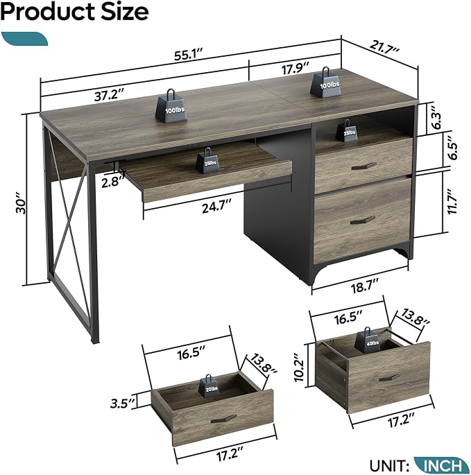 Bestier Office Desk with Drawers, 55 inch Industrial Computer Desk with Storage, Wood Teacher Desk with Keyboard Tray & File Drawer for Home Office, Dark Gray Oak