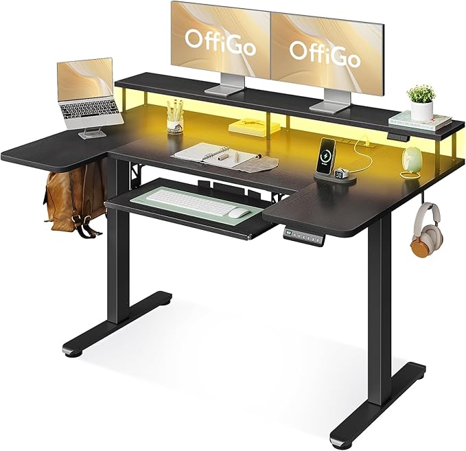 OffiGo 55 Inch U Shaped Electric Standing Desk with Keyboard Tray, Black | 3 Outlets & 2 USB Ports, Monitor Stand, 10 Colors & 10 LED Modes, 3 Presets, 28.3"-46.5"in Range, 154 lb Capacity