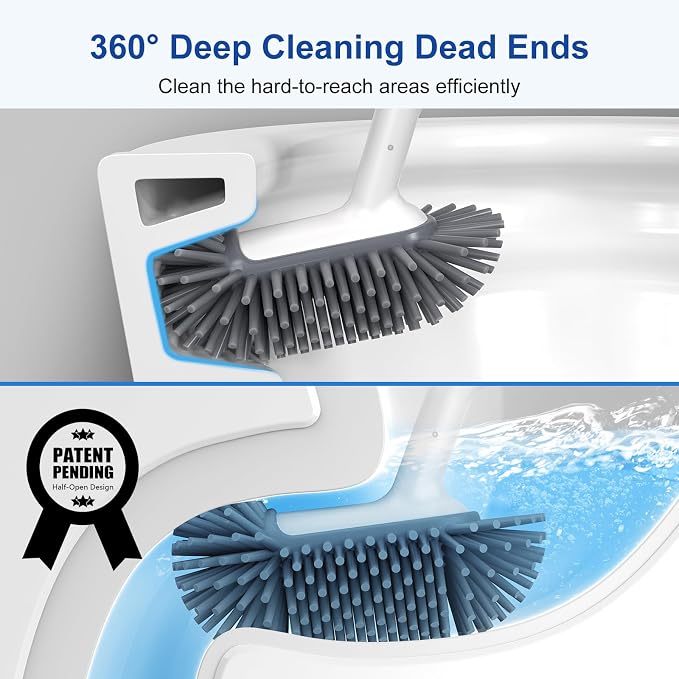 HAMITOR Toilet Bowl Brush Holder Set: Deep Cleaning Silicone Toilet Cleaner Scrubber Under Rim with Curved Bristle for Bathroom Dead Corner Clean - Modern Rv Toilet Decorative Accessories - White