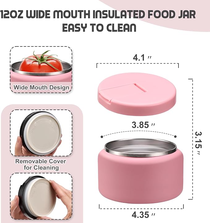 BOSEDSANG 13.5oz Soup Thermo for Hot Food Kids with Buckle Lid Insulated Vacuum Food Jar Wide Mouth Leakproof Stainless Steel Lunch Container- Pink