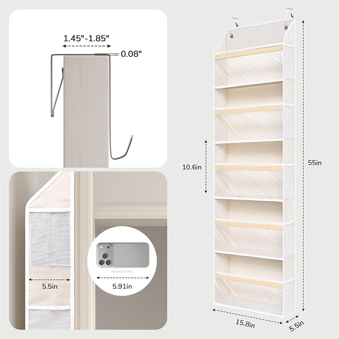 5 Tiers Natural Bamboo Over Door Organizer with 10 Mesh Side Pockets, 50 lbs Weight Capacity Hanging Storage Organizer with Clear Window Kids Toys, Shoes, Diapers, Warm Beige,2 Pack