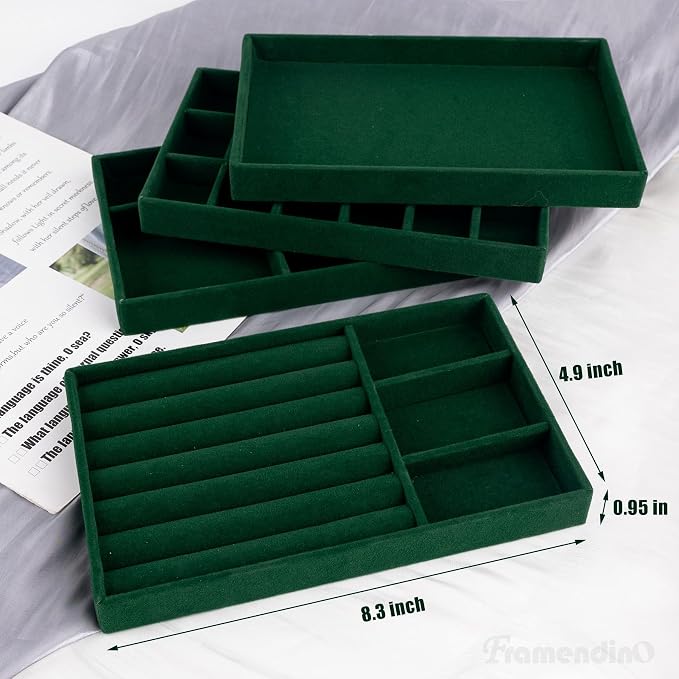 Framendino, 4 Pack Green Velvet Jewelry Trays Stackable Organizer Drawer Inserts Container Display Case for Bracelets Necklaces