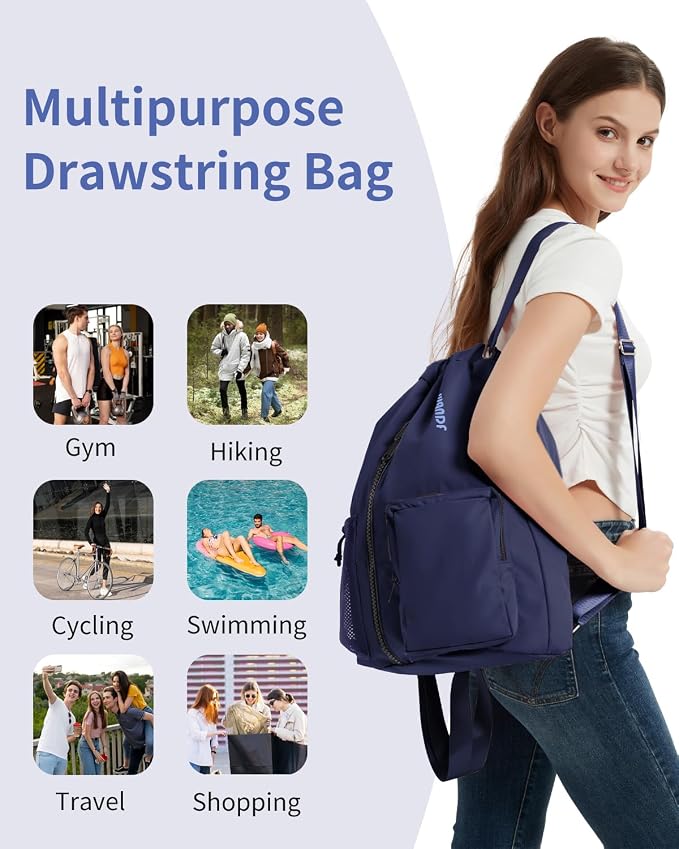 WANDF Drawstring Backpack with Shoe Compartment, Sports Gym Bag | Multi-Pocket Storage, Water-Resistant Fabric, Cinch String Bag