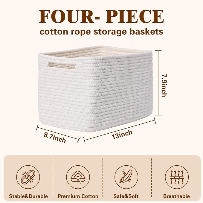 Storage Baskets for Organizing, 4 Pack Baskets for Shelves, Decorative Storage Bins for Shelves, Cotton Rope Storage Basket with Handles, Woven Basket for Storage, 13''Lx8.7''Wx7.9''H, White
