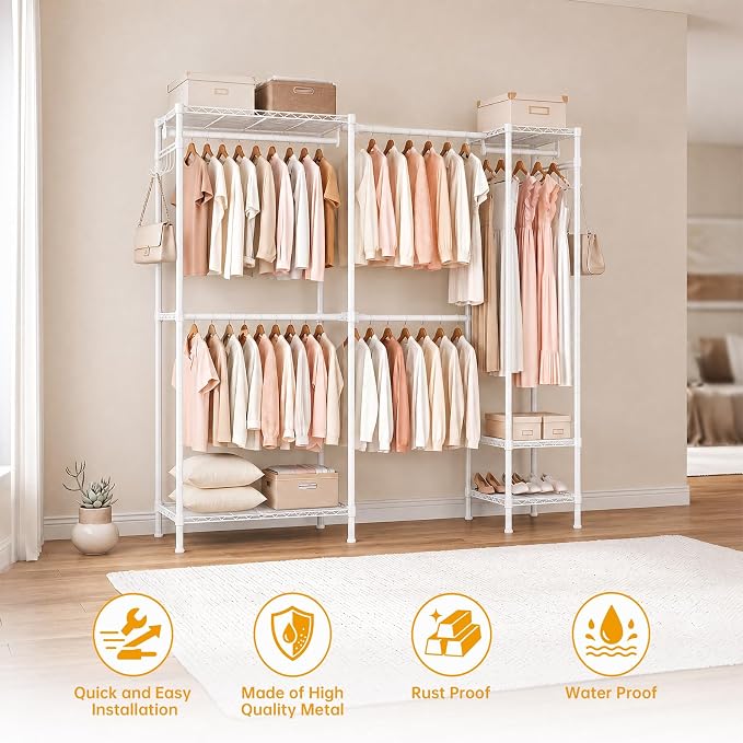 Kryonix 900lbs Expandable Garment Rack - White | Adjustable 70"-88.2" wide with 5 rods & 6 shelves. 900lbs cap. Freestanding metal closet organizer for bedroom laundry.