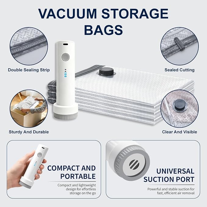 Premium Vacuum Storage Bags,Compression Space Saver Bags with Rechargeable Cordless Pump,15 Pack 4 Sizes,vacuum seal bags for clothing travel,Comforters,Bedding