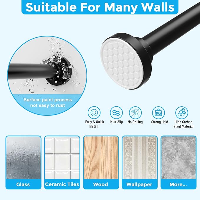 MEXAU Black Shower Curtain Rod 40-148 Inch Adjustable 1.26 Inch Diameter Tension Curtain Rod No Drill, Tension Rod for Window, Bedroom, Bathroom, Outdoor, Room Divider