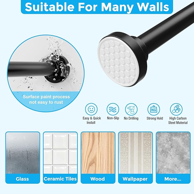 MEXAU Black Shower Curtain Rod 40-183 Inch Adjustable 1.26 Inch Diameter Tension Curtain Rod No Drill, Tension Rod for Window, Bedroom, Bathroom, Outdoor, Room Divider