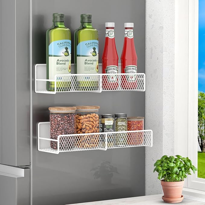 Magnetic Spice Rack for Refrigerator, 2 Pack Magnetic Shelf for Fridge with 4 Hooks, Black Magnetic Shelves, Organization and Storage Kitchen, Magnet Shelf for Fridge, Cabinet Organization