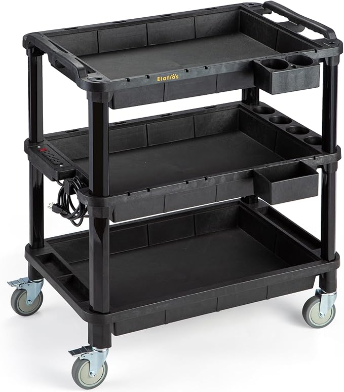 ELAFROS 3-Shelf Rolling Utility Cart with Power Strip, 32.4 x 18.3 in | Multi-Use Rolling Cart, Deep Shelves, Industrial-Grade Plastic Cart, Service Tool Cart, Work Cart, AV Equipment Storage