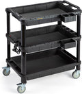 ELAFROS 3-Shelf Rolling Utility Cart with Power Strip, 32.4 x 18.3 in | Multi-Use Rolling Cart, Deep Shelves, Industrial-Grade Plastic Cart, Service Tool Cart, Work Cart, AV Equipment Storage