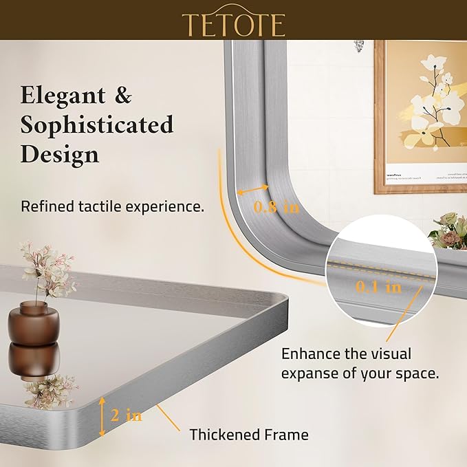 TETOTE 48 x 30 Inch Bathroom Vanity Mirror, Silver Framed Brushed Nickel Modern Farmhouse Decorative Rectangle Entryway Wall Mirror (Horizontal/Vertical)