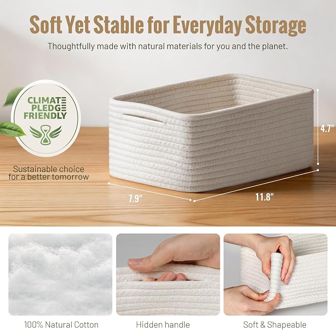 5 Pack White Small Woven Storage Baskets for Shelves, Cotton Rope Baskets Organizer for Bathroom, Closet & Nursery, Decorative Storage Bins for Organizing Socks, Toys, 11.8"x7.9"x4.7"