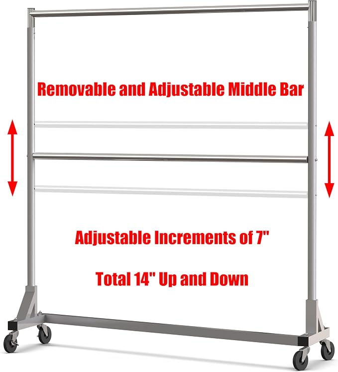 Simple Houseware Commercial Grade Z-Base Double Rod Garment Rack, Silver | 600Lb Load with 63" Extra Long Bar, Adjustable Middle Bar