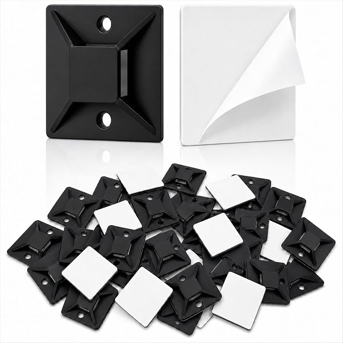 100 PCS 1" Adhesive Cable Tie Mounts – Strong Sticky Back Nylon Wire Holders for Cable Management in Home, Office, Car & Christmas Lights (BLACK-100)