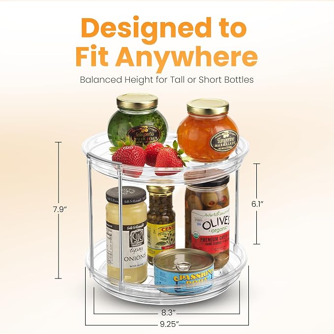 Oizeir Clear Two Tier Lazy Susan Organizer 2-Pack | Rotating Spice Rack Turntable, For Kitchen Cabinet, Countertop, Bathroom, Dining Table, Spinning Carousel Racks