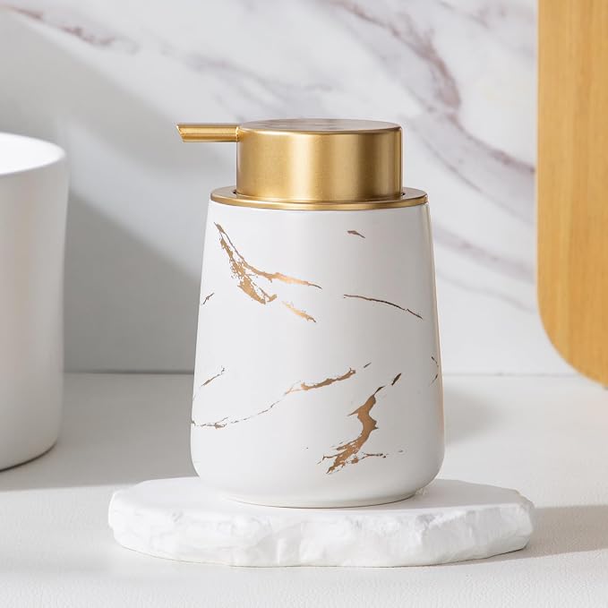 Enra Hand Foaming Gold Soap Dispenser,12 oz Ceramic Foam Soap Dispenser for Bathroom Countertop Kitchen Dispenser for Dish Soap with Easy-to-Press (Gold Foam Type2)