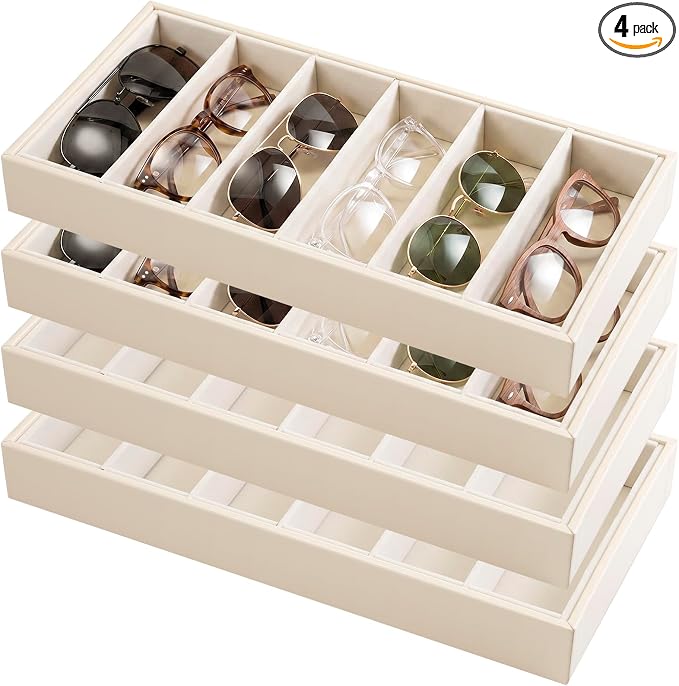 Juexica 4 Pcs Velvet Sunglasses Organizer Tray 6 Grid Sunglass Organizer Velvet Tray Stackable Glasses Display Case for Women Glasses Jewelry Display Watch (Beige PU)