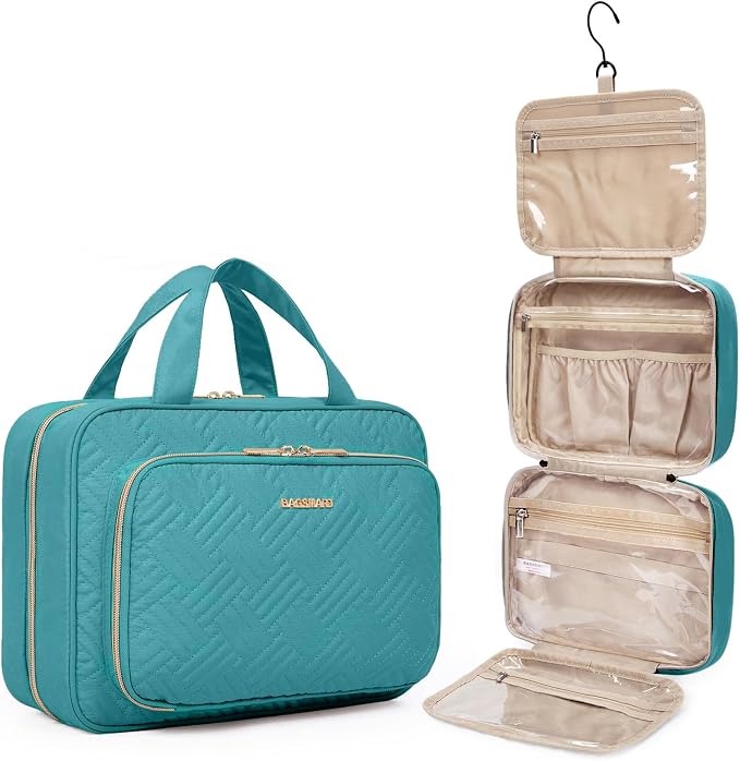 BAGSMART Toiletry Bag Hanging Travel Makeup Organizer with TSA Approved Transparent Cosmetic Bag Makeup Bag for Full Sized Toiletries, Large-Blue