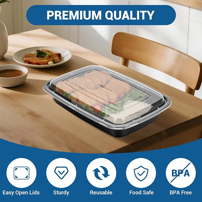 50-Pack 24 oz Reusable Meal Prep Containers 1 Compartment Food Storage Containers with Lids, Bento Box, Stackable, Microwave/Dishwasher/Freezer Safe, BPA Free