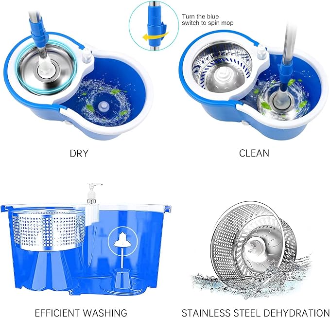 Spin Mop Bucket System, 360 Spin Floor Cleaning Mop Bucket with 3 Microfiber Replacement Head Refills Telescoping Handle for House Cleaning