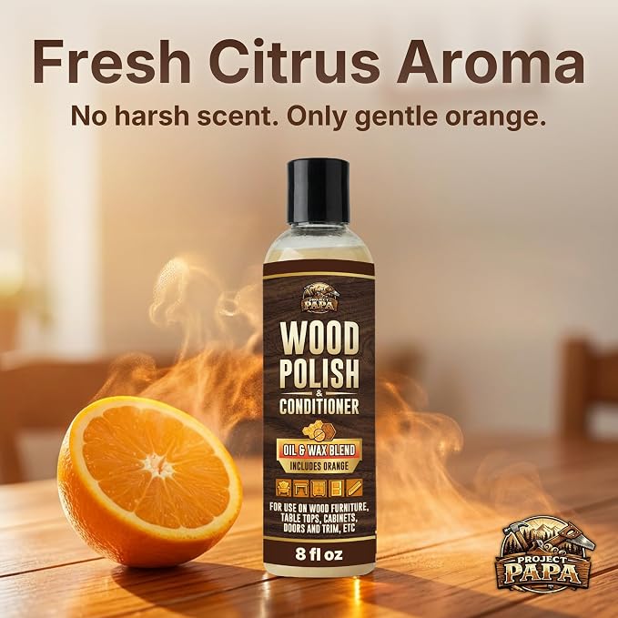 Natural Wood Polish & Conditioner with Orange Oil - Beeswax Furniture Polish and Cleaner, Oil & Wax Blend for Furniture, Cabinets, Tables, Doors & Trim, Enhances Color & Grain, Wood Care, 8 fl oz