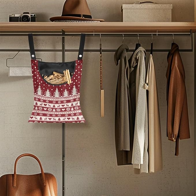 Red Fair Isle Reindeer Clothespin Bag Laundry Hanging Storage Organizer with Rope Clothespin Holder with an Extra Large Opening for Clothesline Outdoor Clothespins Storage with Hanger Hook