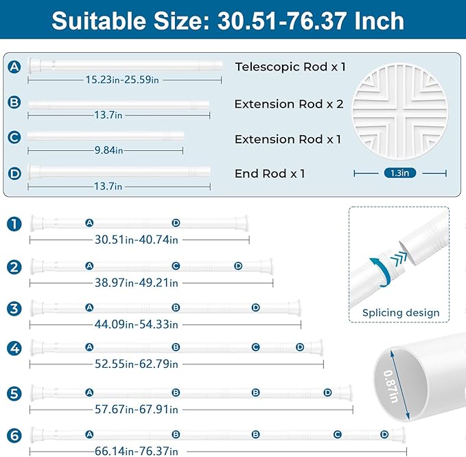 2 Pack White Tension Rod 31-76 Inch, No Drilling Spring Loaded Expandable Non Slip Curtain Rod, Adjustable Rod for Shower,Bathroom,Window,Kitchen,Doorway,Closet