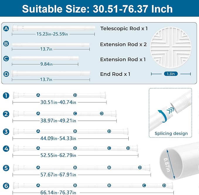 Tension Curtain Rod, 31-76in White No Drill Shower Curtain Rods | High Carbon Steel, 7/8inch Spring Rod Diameter, Adjustable Length for Bedroom, Doorway, Closet, Kitchen,Bathroom