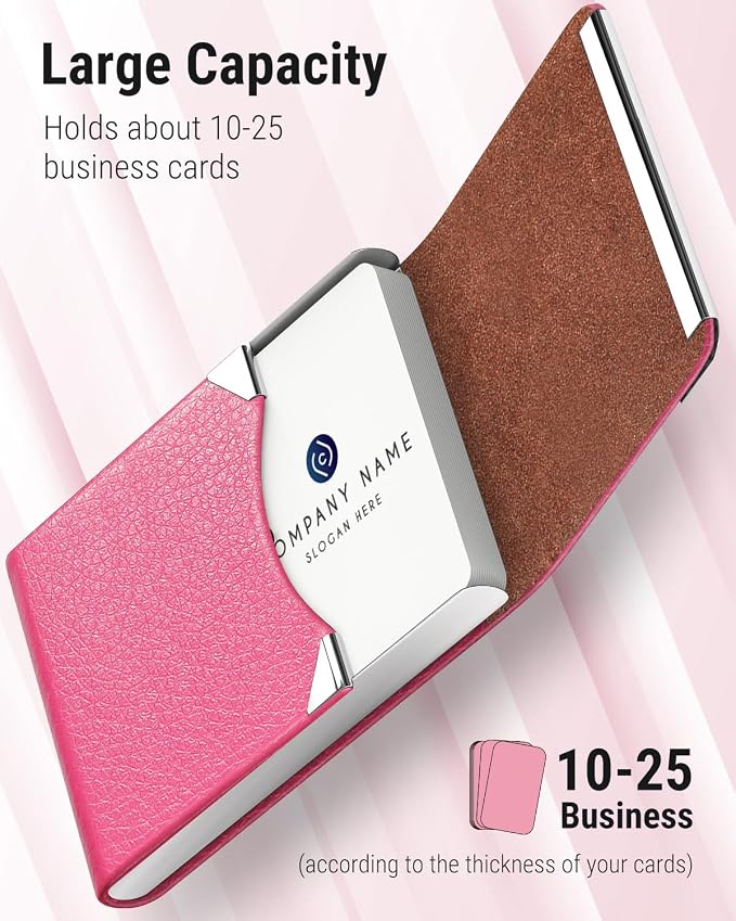 MaxGear Business Card Holder, PU Leather Business Card Case, Rose Red | Stainless Steel Interior, Magnetic Closure, RFID Blocking, Holds 15–25 Standard Business Cards