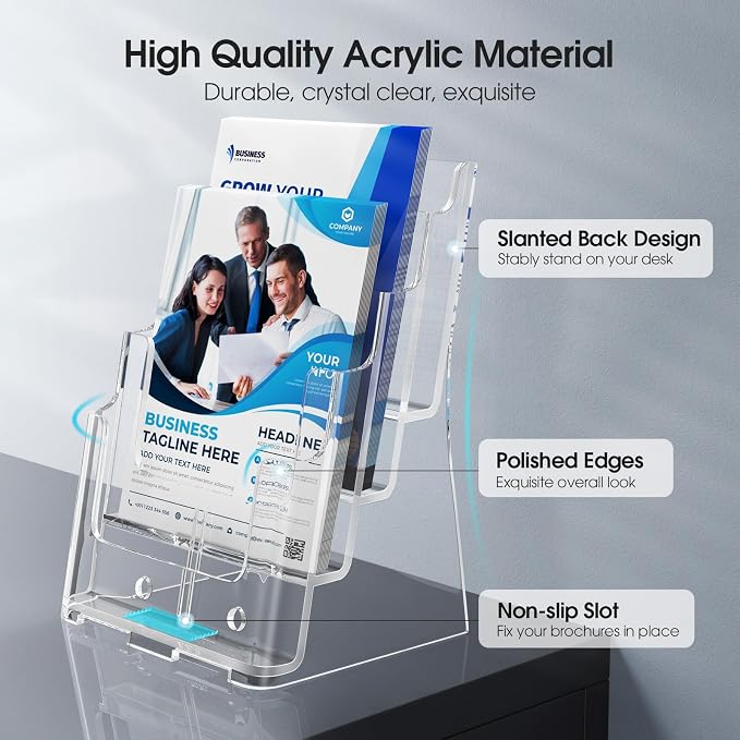 MaxGear 4 Tier Brochure Holder, 8.5 x 11, Removable Divider, 4 Pack | Clear Acrylic Material, Fits 8.5 x 11 Literature or 4 x 9 Brochures, Wall Mount or Countertop, Non Slip Slot, Polished Edges
