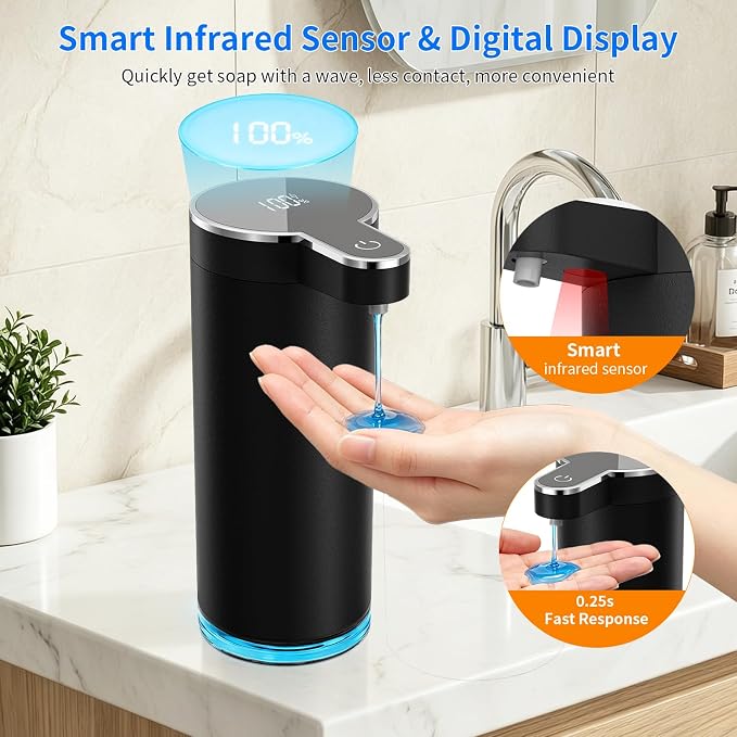 Automatic Liquid Soap Dispenser, 304 Stainless Steel Bottle Body &12 oz/350ml Rechargeable, 4 Adjustable Liquid Levels, IPX5 Waterproof for Bathroom,Kitchen,Hotel(Stainless Steel for Liquid Soap)