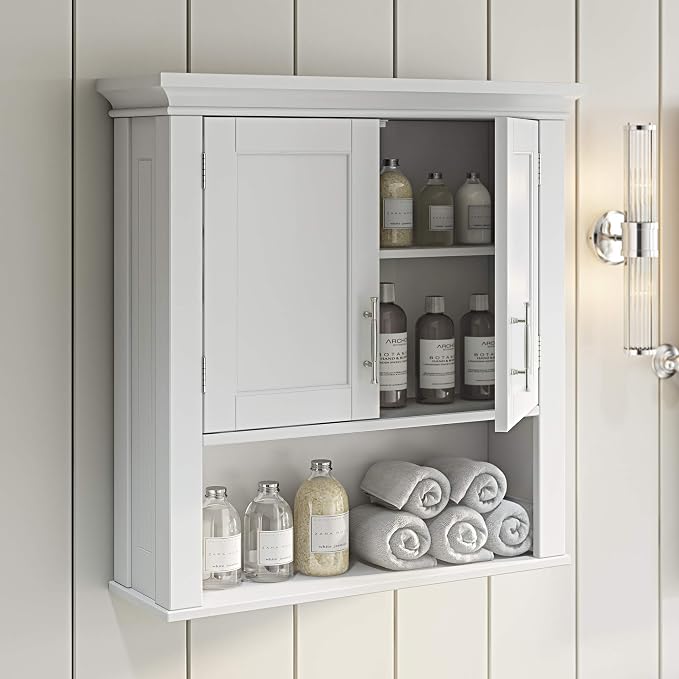 RiverRidge Somerset Two-Door Bathroom Wall Mount Medicine Cabinet, White | Open Display Shelf, Adjustable Interior Shelf, Two-Tone Handles, Space-Saving, Laundry Storage