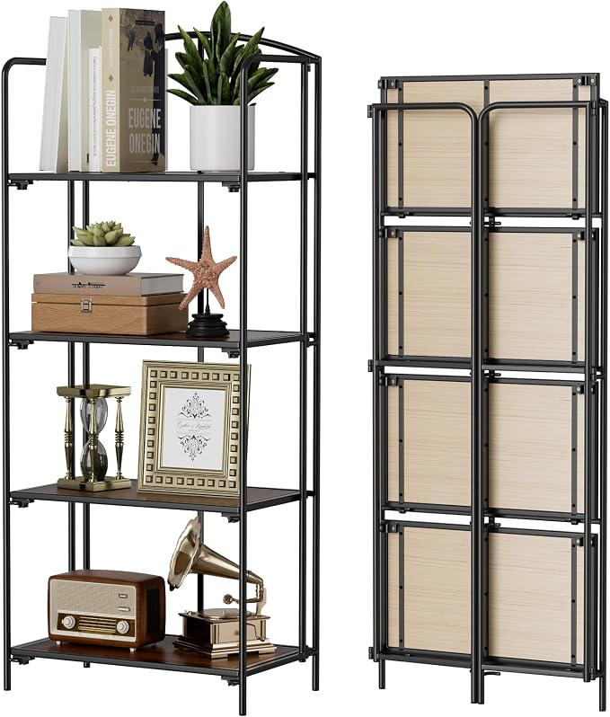 Crofy 4-Tier Foldable Bookshelf, Black Frame & Walnut Shelves | No-Assembly Collapsible Portable Storage Organizer; Sturdy Walnut Finish Shelves; Ideal for Living Room & Home Office