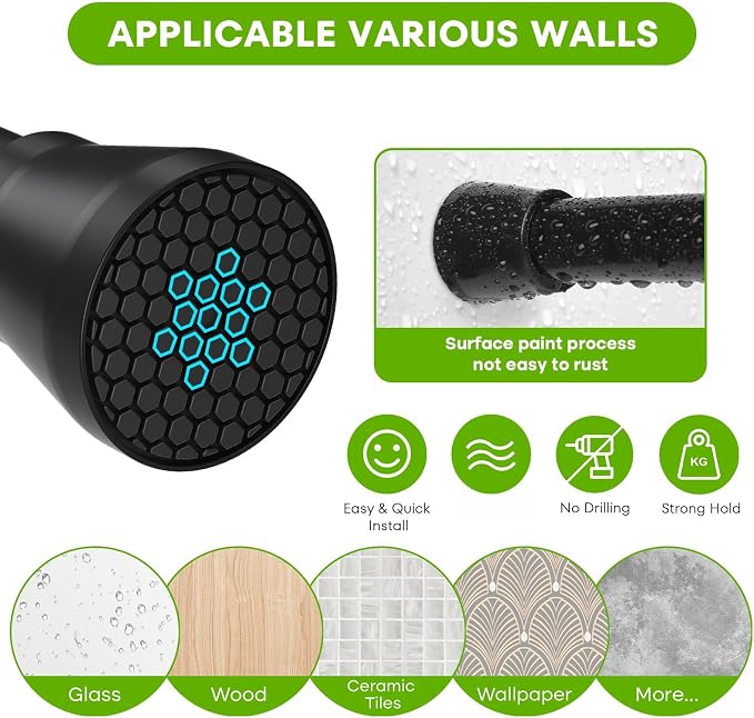 Tension Curtain Rod 30 to 64 inch Adjustable Curtain Rod No Drilling Black Shower Expandable Spring Tension Rod Pressure Spring Curtain Rods for Windows