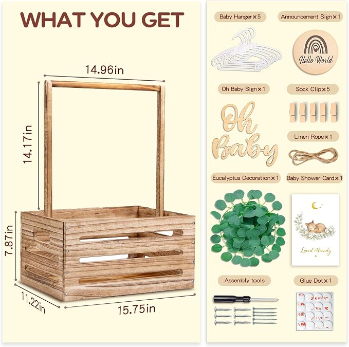 Wooden Baby Shower Crate Closet - Personalized Baby Gift Baskets with Hangers and Handle, Brown Large Newborn Boy Girl Clothes Storage Box for Newborn New Parent