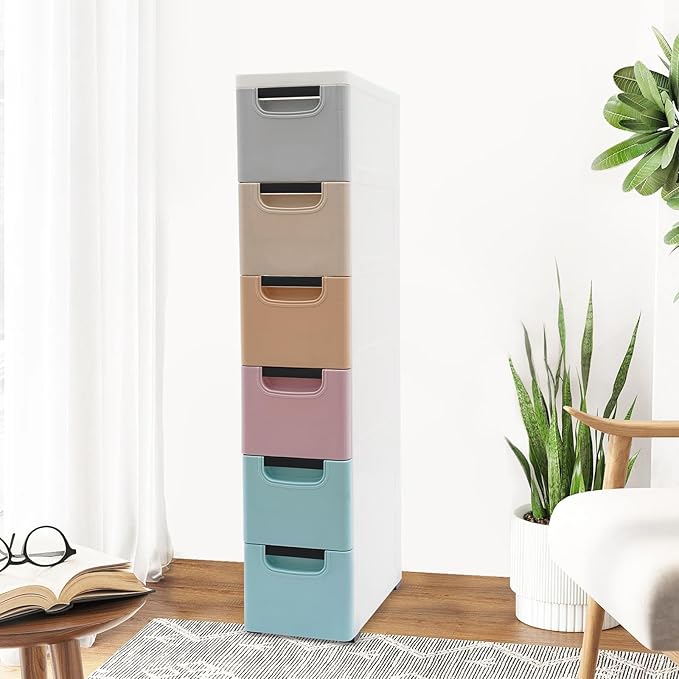 6 Drawers Narrow Storage Cabinet, Stackable Plastic Storage Tower Slim Utility Organizer for Kitchen Bathroom Living Room Office (Multicolor)