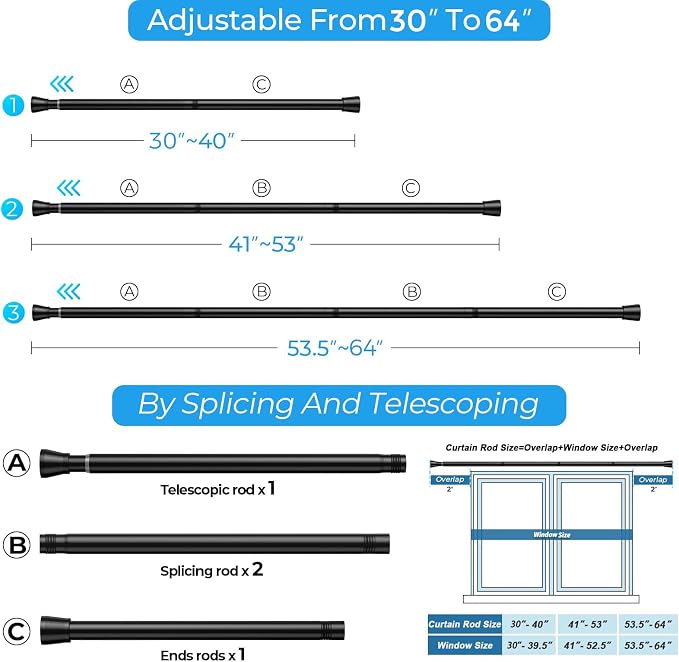 4 Pack Adjustable Tension Curtain Rod 30 to 64 inches, Spring Curtain Rod for Windows Tension Rod No Drill, Spring Tension Curtain Rod for Window, Bathroom, Doorway, Black