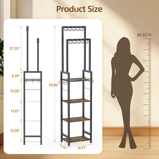 Tall Purse Organizer for Closet: 4-Tier Double Rods Purse Rack Stand,Black | With 10 Purse Hanger & 6 Side Hooks, Visible Backpack Handbag Storage, Space-Saving Narrow Purse Shelf for Small Space, Home